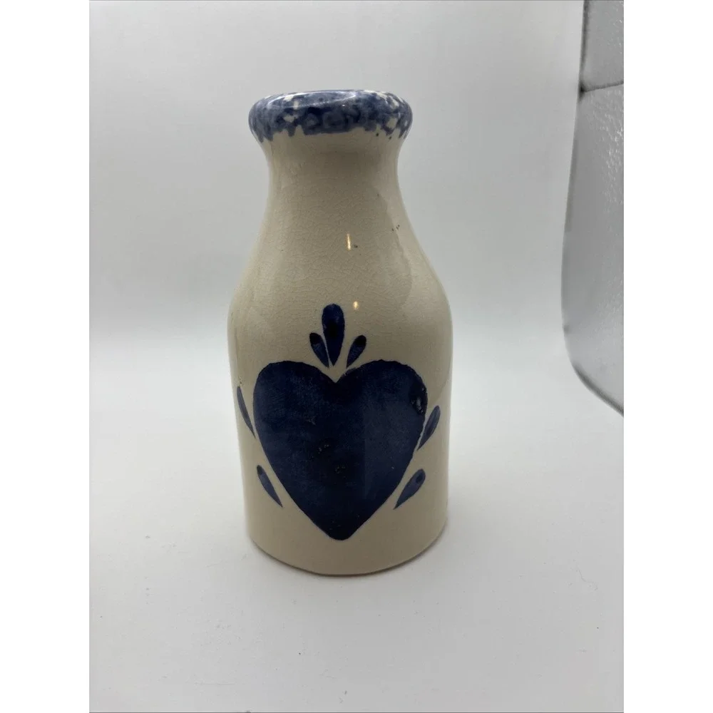 Set Of 3 Blue Sponge Heart Pottery Stoneware Country Vases Milk Jugs Soup‎ Crock
